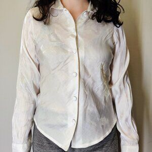 Pearly White Sheen Long Sleeve Collared Elite Club Button-Up Blouse Small